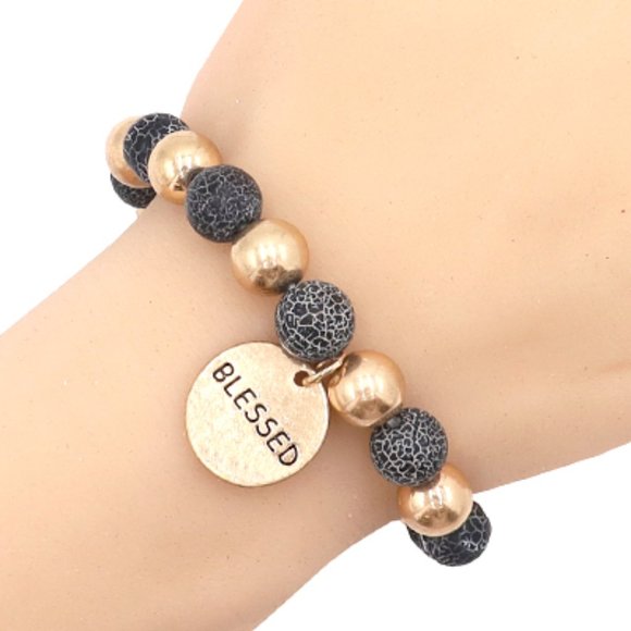 Jewelry - 1126-BLESSED Charm Gemstone Stretch Bracelet-Gold/Gray